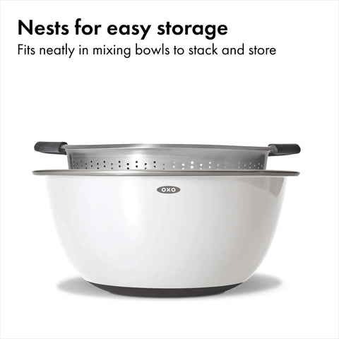 Non Slip Grip 5 Qt Stainless Steel Colander with Comfortable Handles nests in mixing bowl for easy storage
