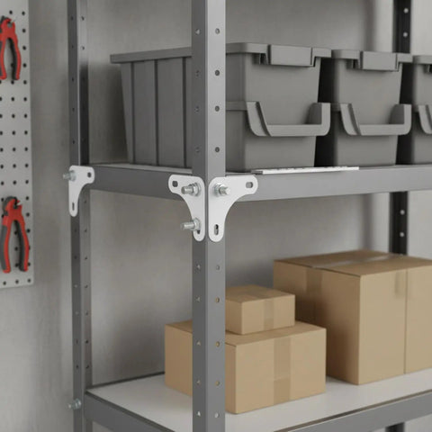M6 Threaded Triangular Angle Steel Connector White Shelf Bracket installed on metal shelving in workshop