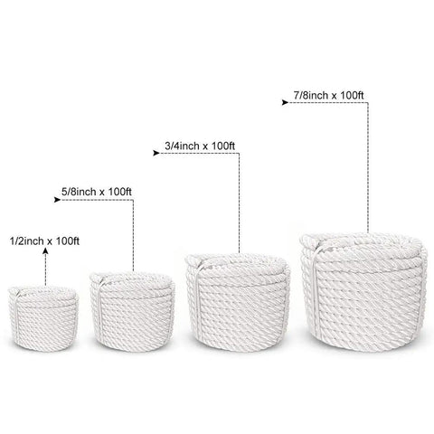 White Nylon Twisted Rope Heavy Duty Pull Cord For Anchor Tree Work Cargo And Craft Projects 1/2 to 7/8 inch 100 ft sizes