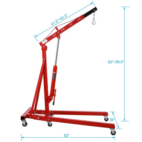 Built Like a Tank Two Ton Folding Engine Hoist And Cherry Picker Shop Crane with steel frame and adjustable heights.