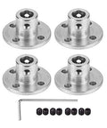 Four silver 6mm flange coupling connectors with mounting holes for RC model motors, plus screws and an Allen key