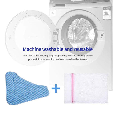 Replacement Mop Pad Set For PureClean Steam Cleaners And PurSteam Therma Pro Elite 12 In 1 shown with washing machine and bag