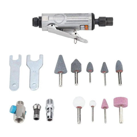 Top Tier 25000 Rpm Air Die Grinder Kit With Quick Chuck And 16 Piece Set components including grinding heads and wrenches.