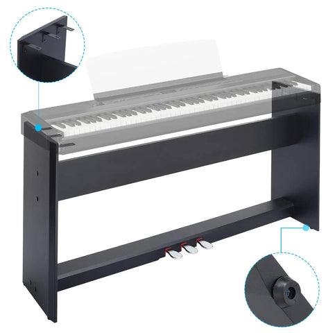 Beefy Wooden Piano Stand With Built-In 3 Pedal System For Yamaha P515 And P525, showing assembly details and pedal unit close-up