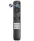 Universal Voice Control Remote With Motion Backlit And Bluetooth For Google TV Android TV Fire TV And More Converts Infrared To Hands Free Control, front view showing buttons and mic symbol.