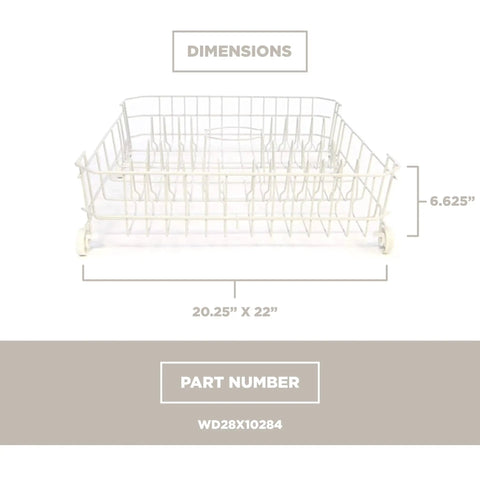 Lower Dish Rack Replacement For Dishwasher WD28X10284 with dimensions 20.25"x22" and height 6.625", shown in white steel.