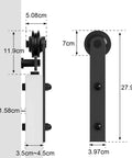 Sliding Barn Door Hardware Kit With I Shape Antique Rollers And Straight Track In Black Frosted Finish side and front view