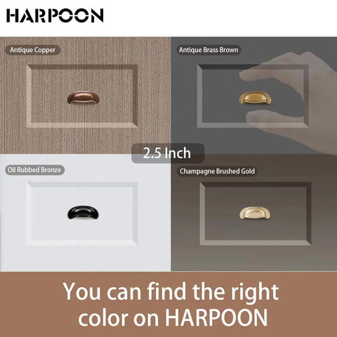 Image showcasing Ten Pack 2.5 Inch Hole Center Antique Copper Bin Cup Drawer Pulls And 4 Inch Cabinet Handles in various finishes.