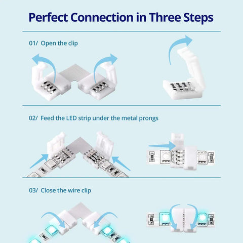 Installation guide for Unwired 4 Pin RGB LED Strip Connectors Kit With Gapless Corner And Straight Connectors 40 Pack