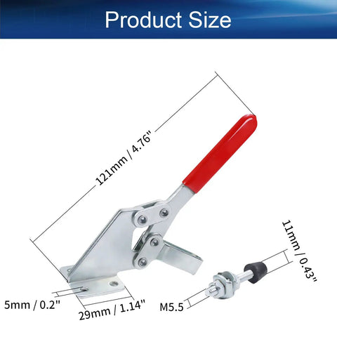 Hardcore Side Mounted Vertical Toggle Clamp Set With A Slick Quick Release Lever And Cushioned Rubber Tips For Tight Hold Downs On Any Daily Shop Grind Or Weekend Projects, shown with size dimensions.