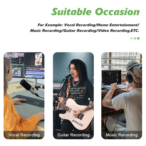 Three panels showing uses for USB Audio Interface With 32 Bit 192 kHz Resolution XLR Mic And Line Inputs: vocal, guitar, music recording.