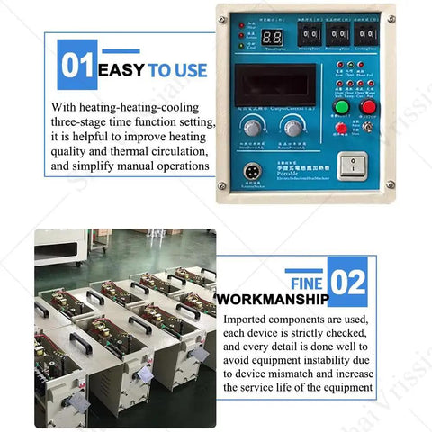 Rock Solid Heavy Duty High Frequency Induction Heater For Metal Heat Treatment And Blacksmithing Projects With Rapid Adjustable Heating Speed And Reliable Water Temp Protection For Smooth Operation control panel and multiple units in workshop setting