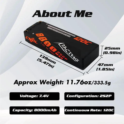 Rugged Case 2S 8000mAh 120C LiPo Battery 7.4V With T Plug dimensions and specifications, ideal for RC vehicles.