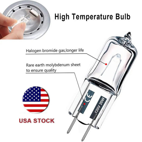 G8 Halogen Bulbs 10 Pack, 20W 120V Bi Pin Xenon JCD Type with features highlighted, warm white dimmable under cabinet puck lights.