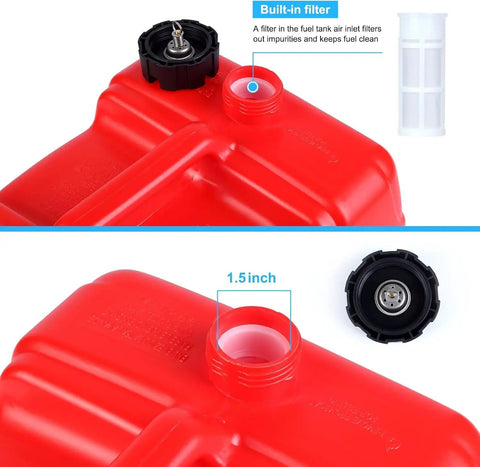 Close-up of EPA Certified 3 Gallon Marine Gas Tank With Leak Resistant Portable Storage For Boating Outboard Motors And Outdoor Power Equipment Built In Flame Mitigation Device For Safe Transport And Evaporation Control