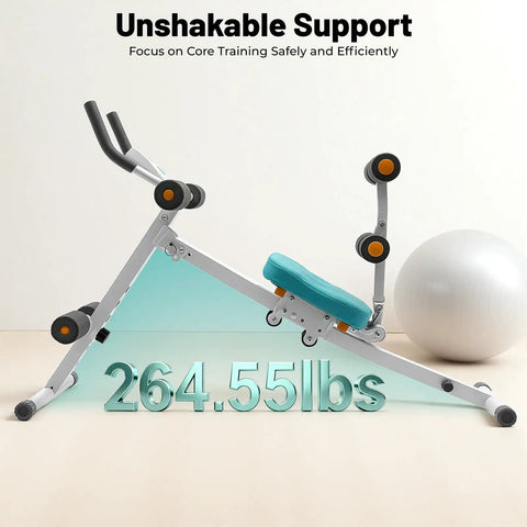 Foldable Ab Trainer For Your Home Gym, Adjustable Full Body Workout Machine, steel frame, 4 height levels, side view with support
