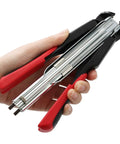 Spring Loaded Hog Ring Pliers Kit With 2500 Hog Rings For Fencing Chicken And Rabbit Cages Pet Enclosures Bag Seals And Car Interior Repairs Quick Install Pro Grade Heavy Duty Stainless Steel Tool Set, handheld, showing red grips and stainless steel body