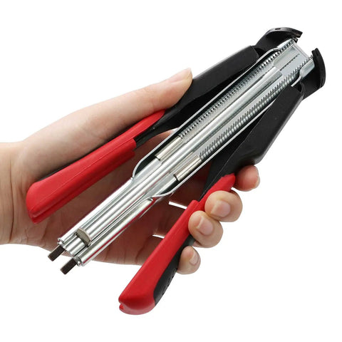 Spring Loaded Hog Ring Pliers Kit With 2500 Hog Rings For Fencing Chicken And Rabbit Cages Pet Enclosures Bag Seals And Car Interior Repairs Quick Install Pro Grade Heavy Duty Stainless Steel Tool Set, handheld, showing red grips and stainless steel body