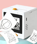 Sweet Smart AI Voice Activated Sticker Printer Portable Inkless Thermal Craft Device With Touchscreen Panel For Quick Kid Friendly Art Creations And No Sweat Cleanup Always showing printed stickers with designs.