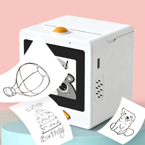 Sweet Smart AI Voice Activated Sticker Printer Portable Inkless Thermal Craft Device With Touchscreen Panel For Quick Kid Friendly Art Creations And No Sweat Cleanup Always showing printed stickers with designs.