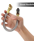Person holding Air Compressor Tank Drain Assembly Kit with 10 inch braided steel hose, brass fittings, showcasing flexibility.