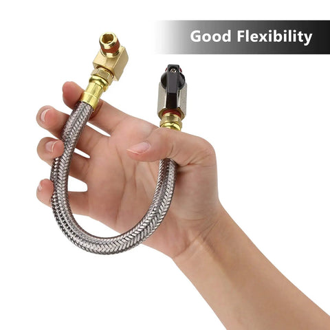 Person holding Air Compressor Tank Drain Assembly Kit with 10 inch braided steel hose, brass fittings, showcasing flexibility.