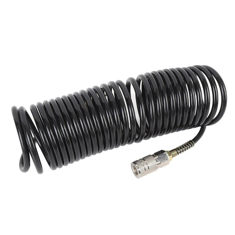 Level Up Your Garage Vibes With This Super Sweet Spiral Air Hose One Quarter Inch ID 16 4 Feet PE Coiled Compressed Air Line Featuring Self Retracting Design That Prevents Tangling And Saves Storage Space For Pro Shop Needs. black coiled air hose with metal connector, 1/4 inch
