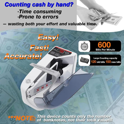 Super Fast Portable Money Counter With Automatic UV And Watermark Detection For Authentic Bill Verification High Speed Cash Counting Machine shown counting cash.