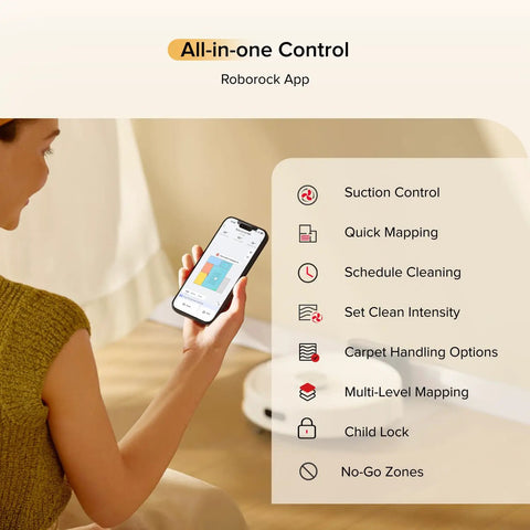 Person using app interface for Q7 M5 Smart Vacuum And Mop Combo With 10,000 Pa HyperForce Suction and LiDAR Navigation features.
