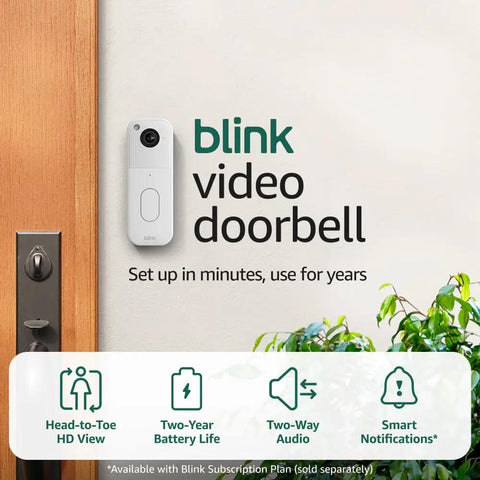 Wireless Smart Home Security Video Doorbell Offering Rock Solid Head To Toe HD View And Two Year Battery Life With No Sweat Easy Setup mounted on a front door.