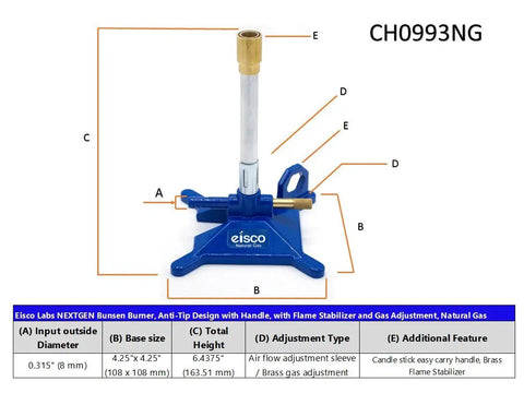 Bunsen Burner With Anti Tip Base And Handle, Flame Stabilizer, And Gas And Air Flow Adjustment For Safe Lab Heating, Sterilization And Combustion, Durable NG Ready
