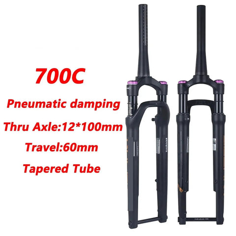 Mountain Bike Front Fork With Pneumatic Shock Absorbing Magnesium Alloy Build 12x100mm Thru Axle Disc Brake Compatible Rugged Upgrade for Rough Trails Orange Logo, view showing 700C pneumatic damping and tapered tube design.
