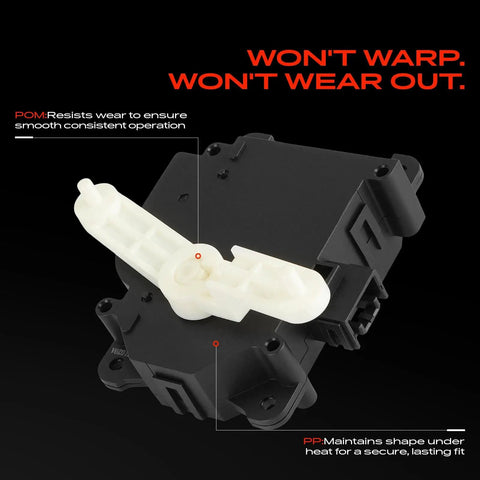 Top Tier HVAC Heater Blend Door Actuator Replacement For Toyota Prius 2001 To 2003 Hybrid, showing POM and PP materials.