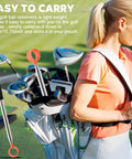 Woman carrying golf bag with 12ft Telescopic Golf Ball Retriever With Grabber, Stainless Steel Build, in side pocket on a course