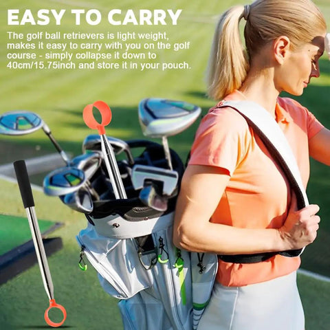 Woman carrying golf bag with 12ft Telescopic Golf Ball Retriever With Grabber, Stainless Steel Build, in side pocket on a course