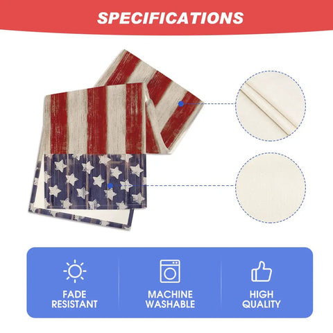 American Flag Table Runner 13x72 Inch For 4th Of July Memorial Day Kitchen Dining Decor Durable Spun Polyester with stars and stripes pattern.