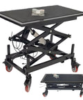 Heavy Duty Electric Scissor Lift Table With Smooth Hydraulic Platform For Warehouses And Factories That Handles 396 Lbs Loads With Ease while showing locking casters.