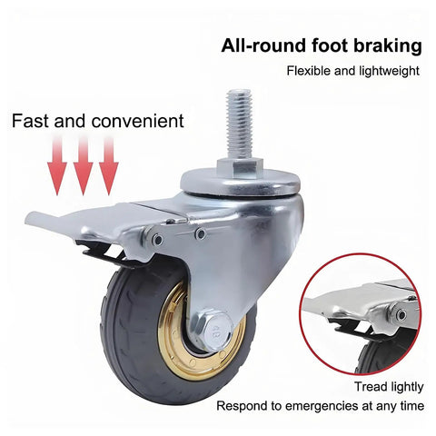 Heavy Duty Caster Wheels With M Threaded Stem Non Marking Rubber Swivel Plate Casters For Furniture Workbenches Carts And Garage Workshop Rolling Gear Dual Locking Brake System 360 Degree Swivel side view with foot brake mechanism