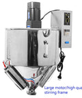 Heavy Duty Automated Pneumatic Bottle Filler Featuring Stainless Steel Heating And Stirring Hopper For Chili Oil Honey Salad Dressing Built Tough No Sweat Operation Handles Viscous Pastes Like A Dream, showing large motor and stirring frame.