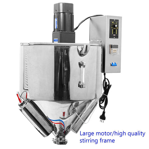 Heavy Duty Automated Pneumatic Bottle Filler Featuring Stainless Steel Heating And Stirring Hopper For Chili Oil Honey Salad Dressing Built Tough No Sweat Operation Handles Viscous Pastes Like A Dream, showing large motor and stirring frame.