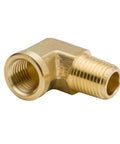 Brass 90-degree street elbow, 1/8 in NPT male x 1/8 in NPT female, forged pipe fitting, close-up.