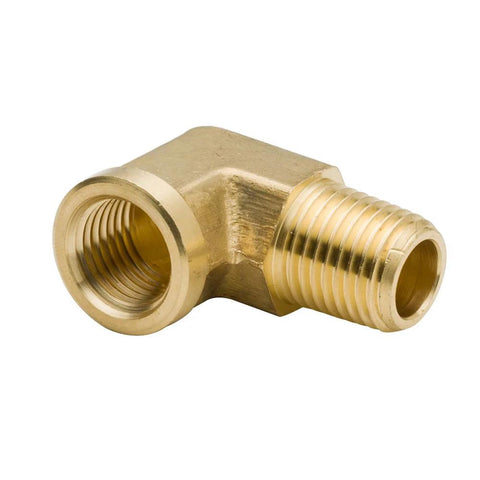 Brass 90-degree street elbow, 1/8 in NPT male x 1/8 in NPT female, forged pipe fitting, close-up.
