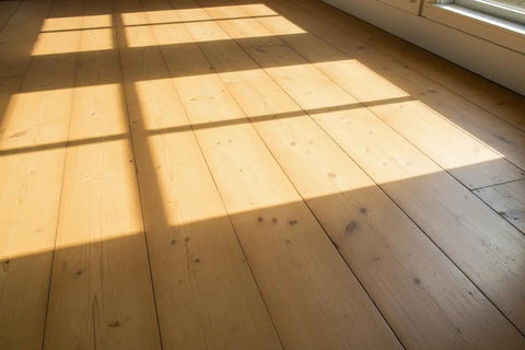 Golden Oak Reactive Interior Wood Stain 55 Gallon Drum Voc Free Water Based Finish on natural wood flooring with sunlight.