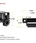 4 Pack Sliding Trailer Winches For LL Track Double L Tracks, black heavy-duty flatbed truck winches with measurements shown.