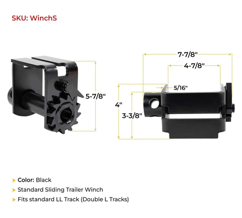 4 Pack Sliding Trailer Winches For LL Track Double L Tracks, black heavy-duty flatbed truck winches with measurements shown.