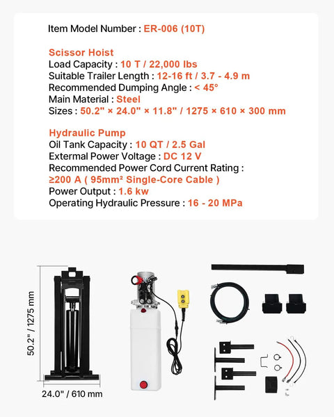 Components of Heavy Duty Hydraulic Dump Lift Kit for Trailers and Trucks, 22,000 Lb Capacity, 10 Ton Max Load, 12V Hydraulic Pump, Scissor Hoist System