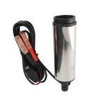 Jiawu 24V DC Submersible Pump For Fuel Transfer 30 Liters Per Minute Stainless Steel Build with red and black clips for easy connection.