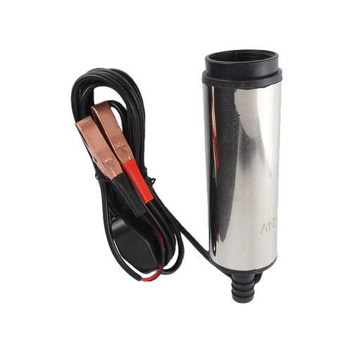 Jiawu 24V DC Submersible Pump For Fuel Transfer 30 Liters Per Minute Stainless Steel Build with red and black clips for easy connection.