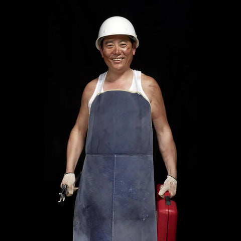 Heavy Duty Cowhide Welding Apron Built To Last For Tough Jobs With Serious Heat Protection And Soldering Defense worn by a smiling worker.