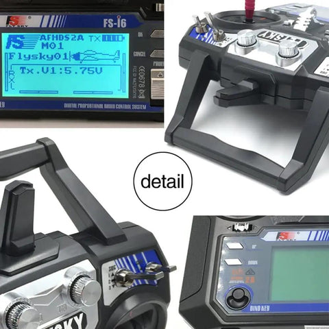 Close-up of Flysky FS-i6 6CH 2.4GHz AFHDS 2A RC Transmitter With FS-iA6B Receiver controls and LCD display for RC drones and planes.